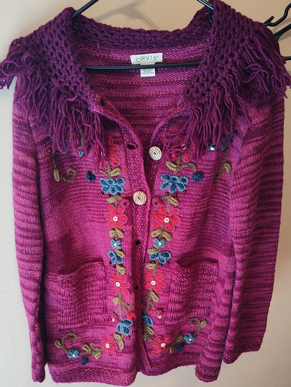 Orvis Magenta Fringe Collar Embroidered Cardigan